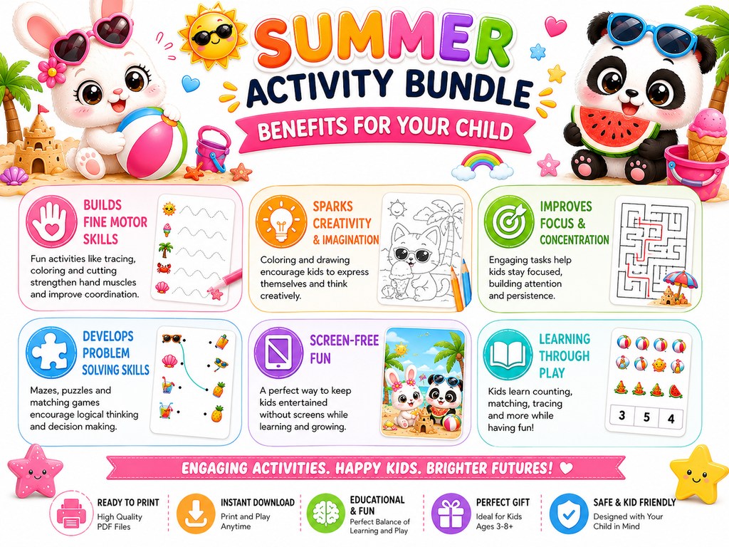 Summer Activity Bundle for Kids | 100 Printable Pages | Mazes, Tracing, Counting, Matching & Coloring Activities | Instant PDF Download | Preschool Learning Pack