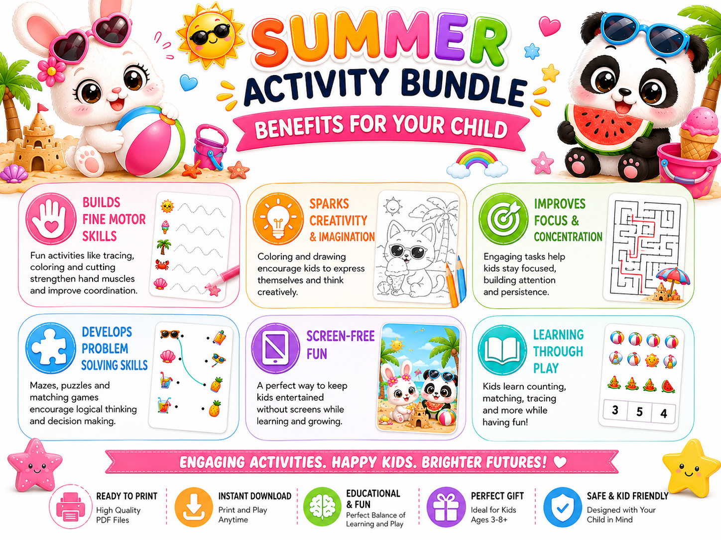 Summer Activity Bundle for Kids | 100 Printable Pages | Mazes, Tracing, Counting, Matching & Coloring Activities | Instant PDF Download | Preschool Learning Pack