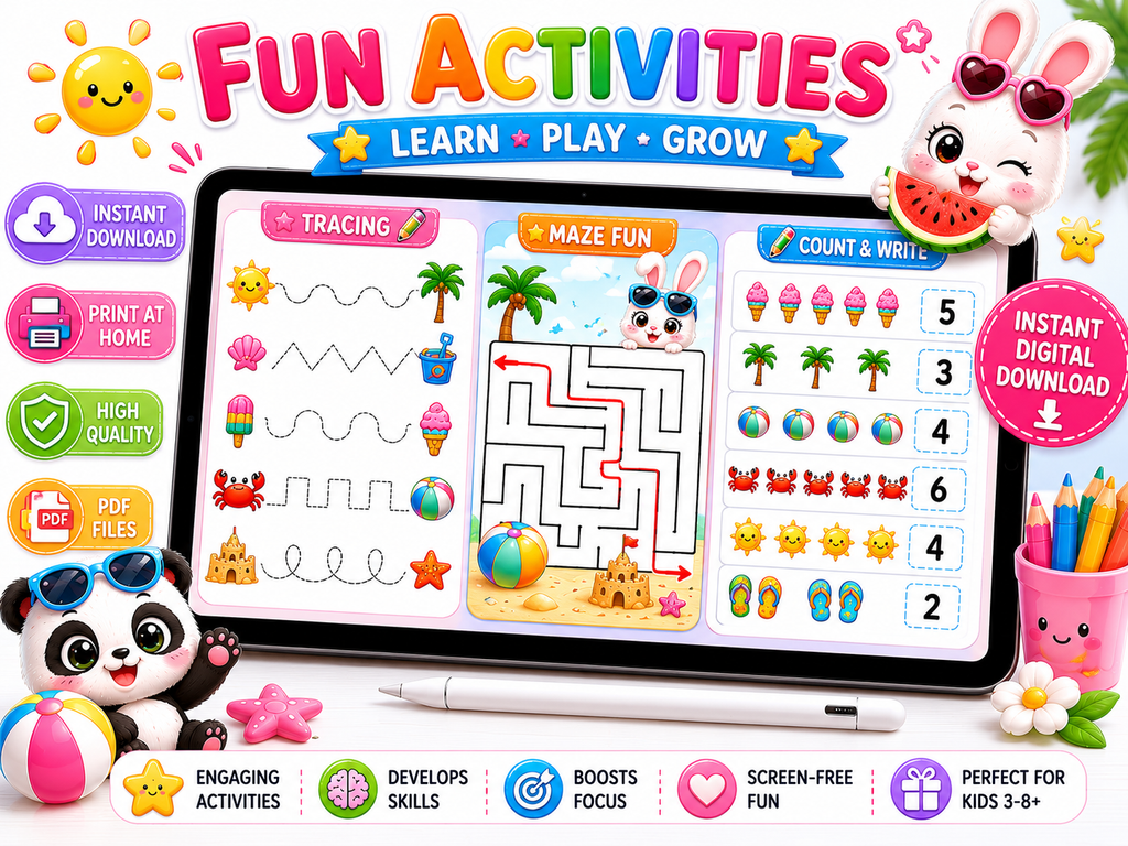 Summer Activity Bundle for Kids | 100 Printable Pages | Mazes, Tracing, Counting, Matching & Coloring Activities | Instant PDF Download | Preschool Learning Pack