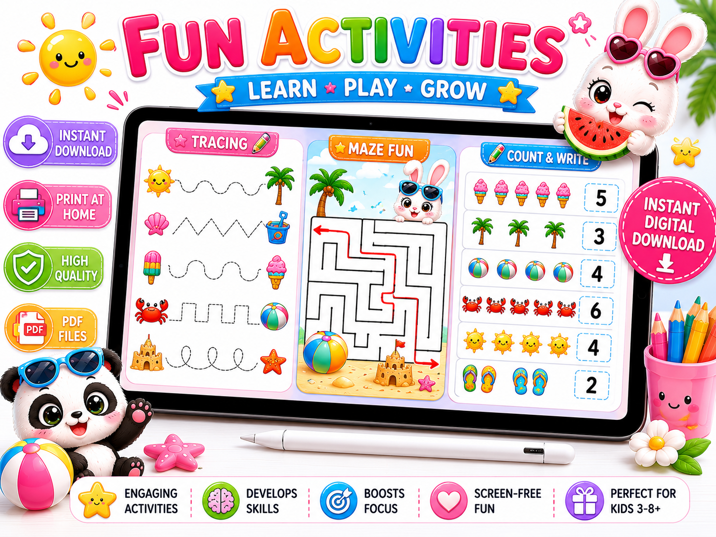 Summer Activity Bundle for Kids | 100 Printable Pages | Mazes, Tracing, Counting, Matching & Coloring Activities | Instant PDF Download | Preschool Learning Pack