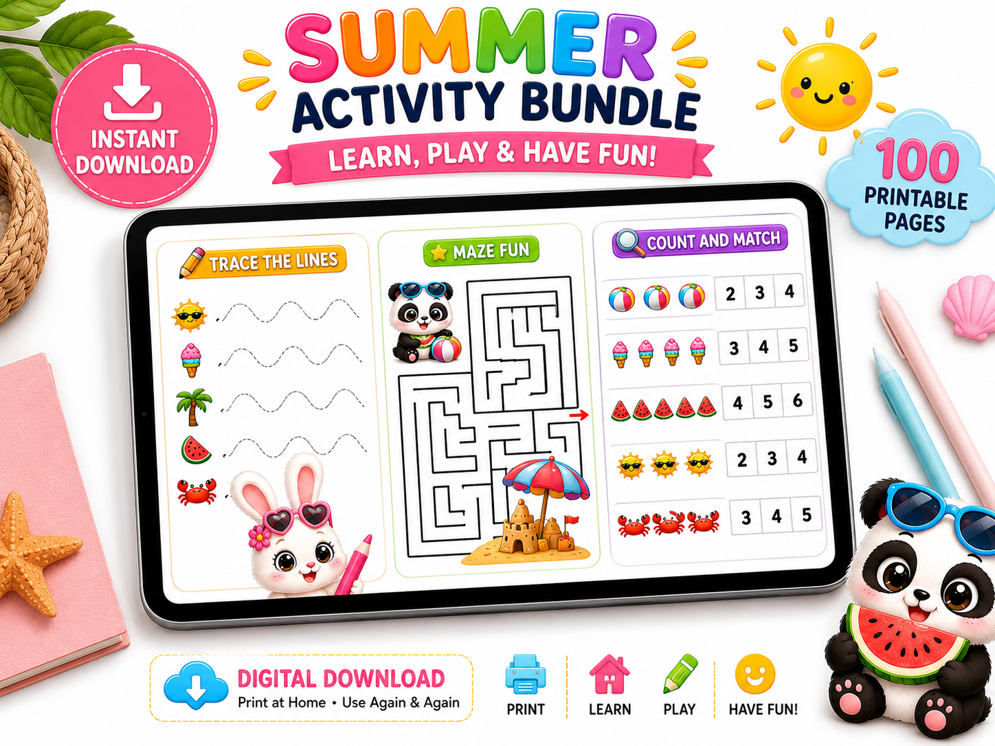 Summer Activity Bundle for Kids | 100 Printable Pages | Mazes, Tracing, Counting, Matching & Coloring Activities | Instant PDF Download | Preschool Learning Pack