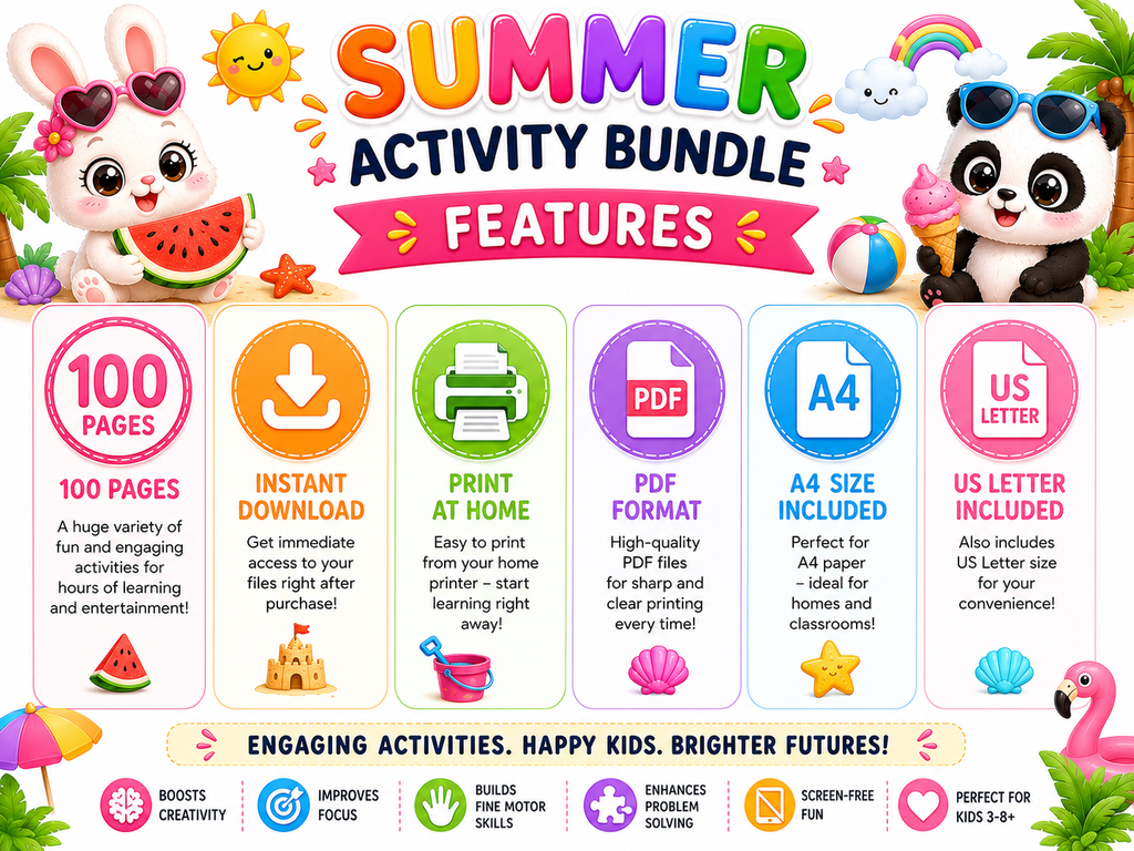 Summer Activity Bundle for Kids | 100 Printable Pages | Mazes, Tracing, Counting, Matching & Coloring Activities | Instant PDF Download | Preschool Learning Pack