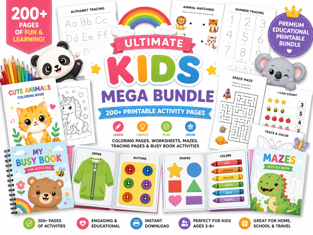 Ultimate Kids Mega Bundle | 200+ Printable Activities for Kids | Coloring Pages, Worksheets, Tracing, Mazes, Busy Book, Preschool Learning Pack | Instant Download PDF