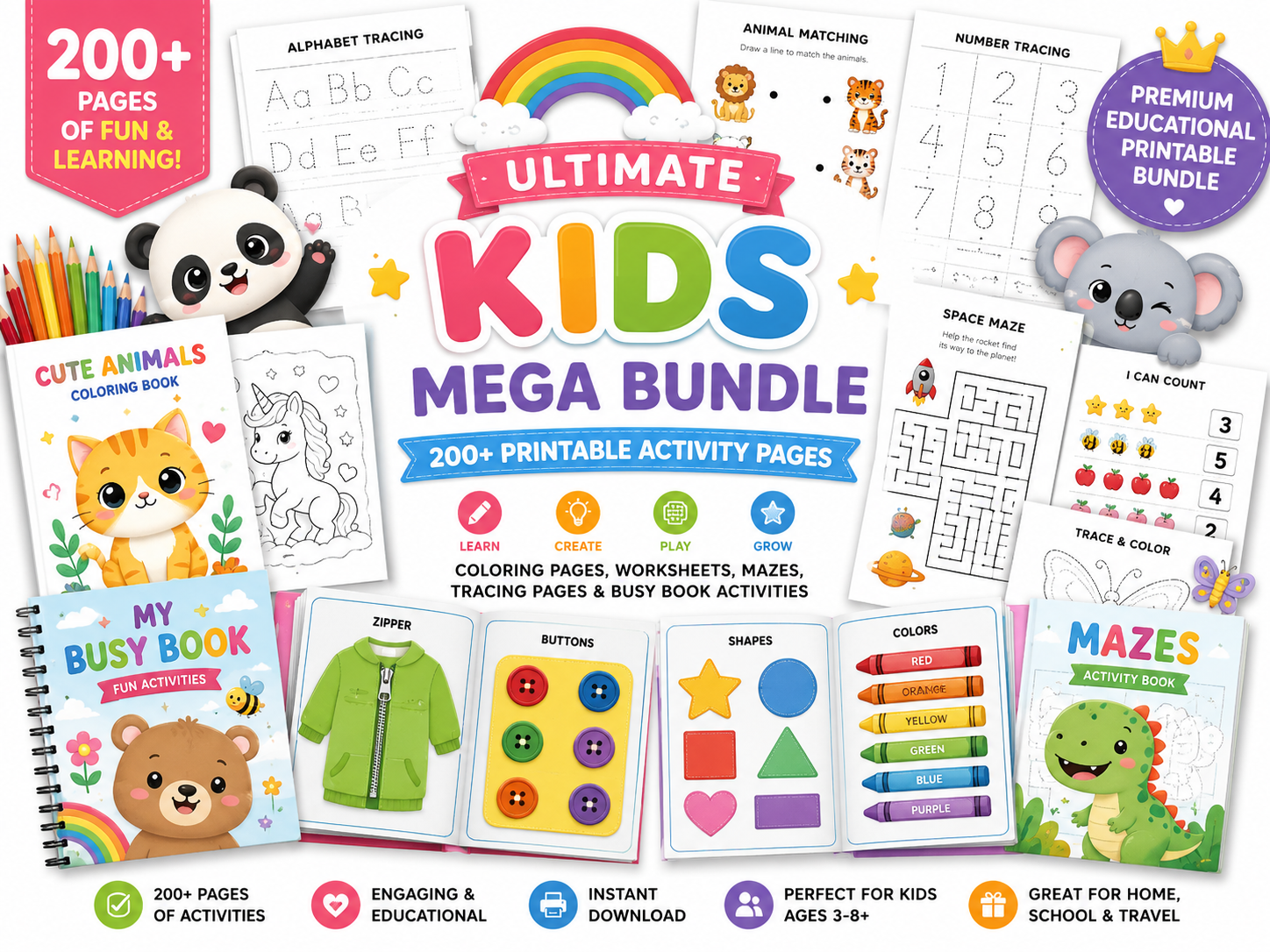 Ultimate Kids Mega Bundle | 200+ Printable Activities for Kids | Coloring Pages, Worksheets, Tracing, Mazes, Busy Book, Preschool Learning Pack | Instant Download PDF