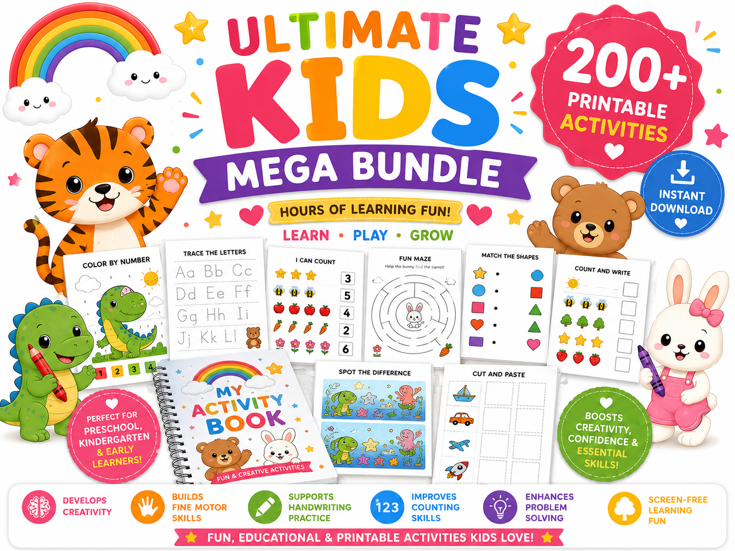 Ultimate Kids Mega Bundle | 200+ Printable Activities for Kids | Coloring Pages, Worksheets, Tracing, Mazes, Busy Book, Preschool Learning Pack | Instant Download PDF