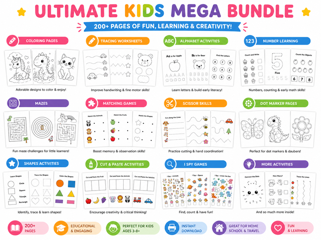 Ultimate Kids Mega Bundle | 200+ Printable Activities for Kids | Coloring Pages, Worksheets, Tracing, Mazes, Busy Book, Preschool Learning Pack | Instant Download PDF