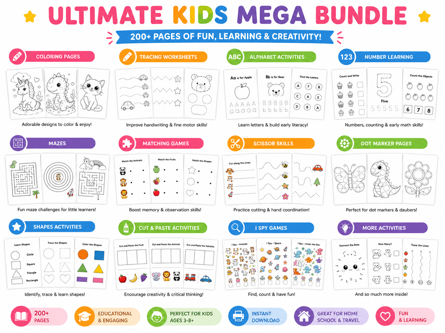 Ultimate Kids Mega Bundle | 200+ Printable Activities for Kids | Coloring Pages, Worksheets, Tracing, Mazes, Busy Book, Preschool Learning Pack | Instant Download PDF