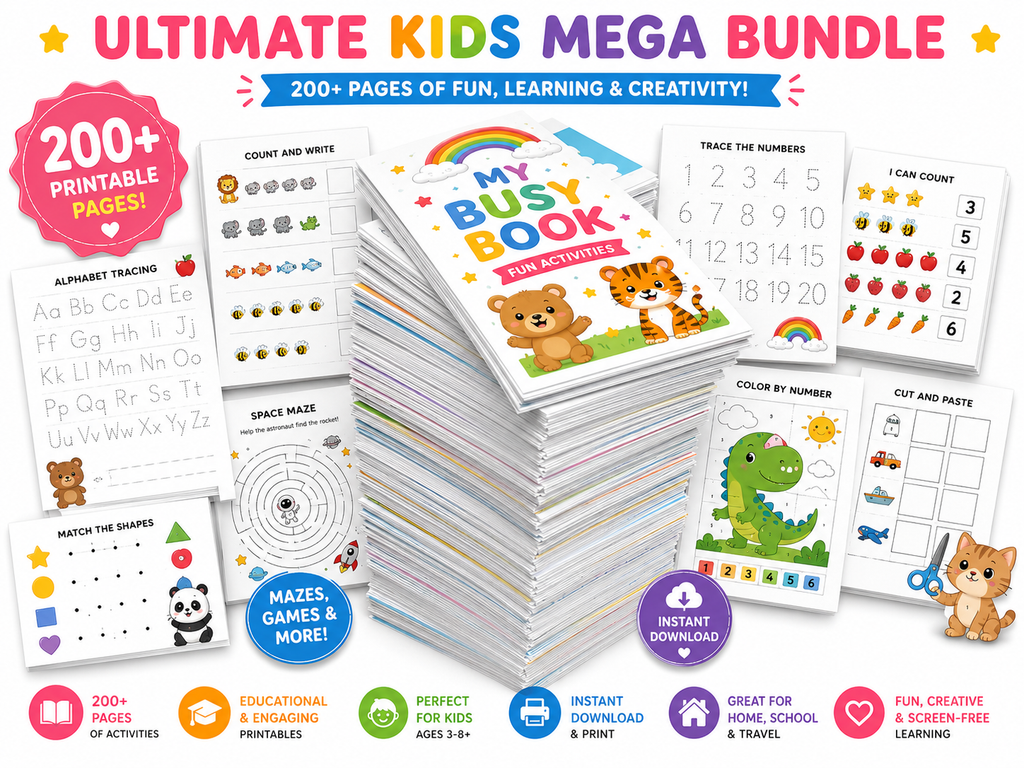 Ultimate Kids Mega Bundle | 200+ Printable Activities for Kids | Coloring Pages, Worksheets, Tracing, Mazes, Busy Book, Preschool Learning Pack | Instant Download PDF