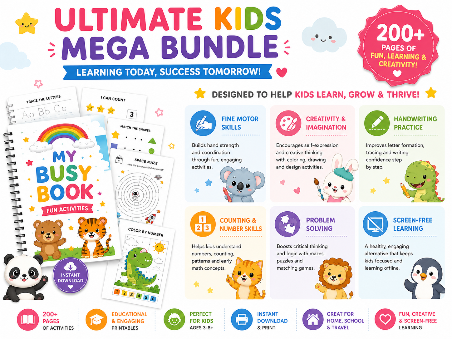 Ultimate Kids Mega Bundle | 200+ Printable Activities for Kids | Coloring Pages, Worksheets, Tracing, Mazes, Busy Book, Preschool Learning Pack | Instant Download PDF