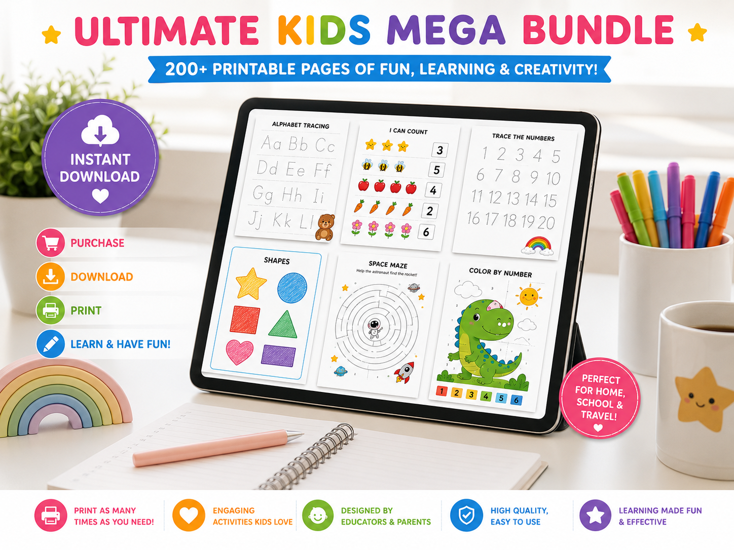 Ultimate Kids Mega Bundle | 200+ Printable Activities for Kids | Coloring Pages, Worksheets, Tracing, Mazes, Busy Book, Preschool Learning Pack | Instant Download PDF