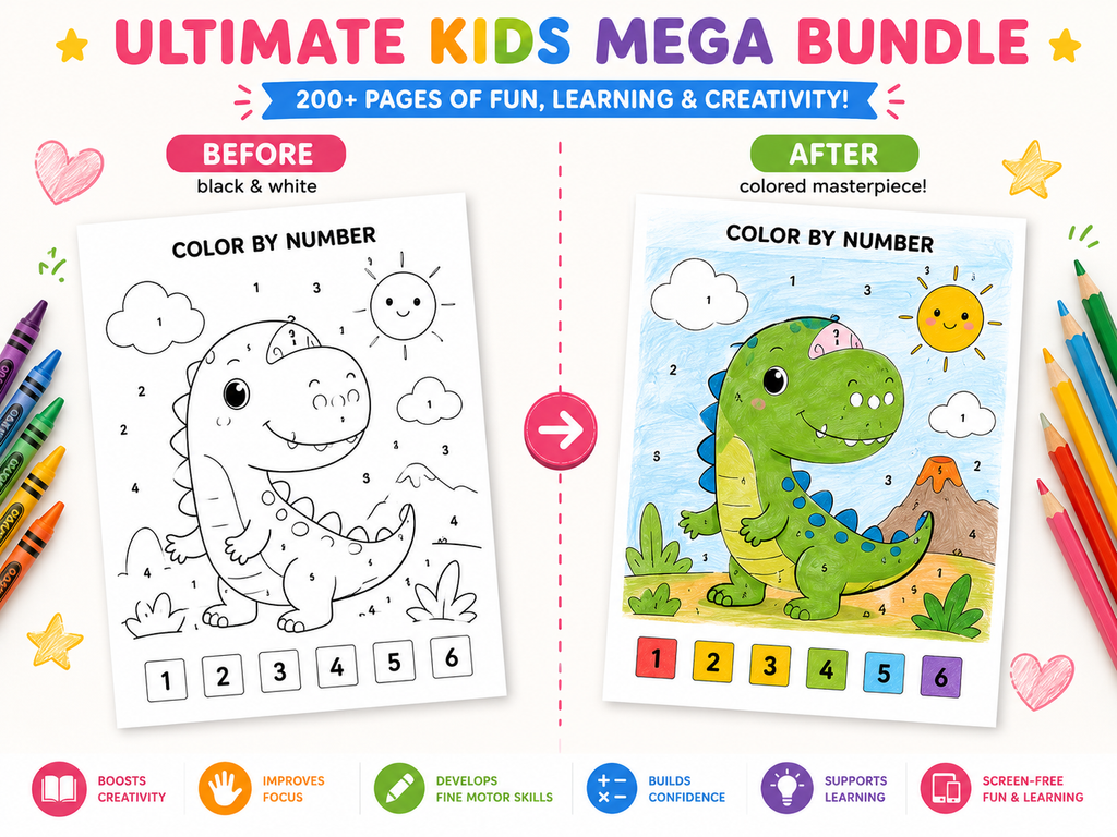 Ultimate Kids Mega Bundle | 200+ Printable Activities for Kids | Coloring Pages, Worksheets, Tracing, Mazes, Busy Book, Preschool Learning Pack | Instant Download PDF