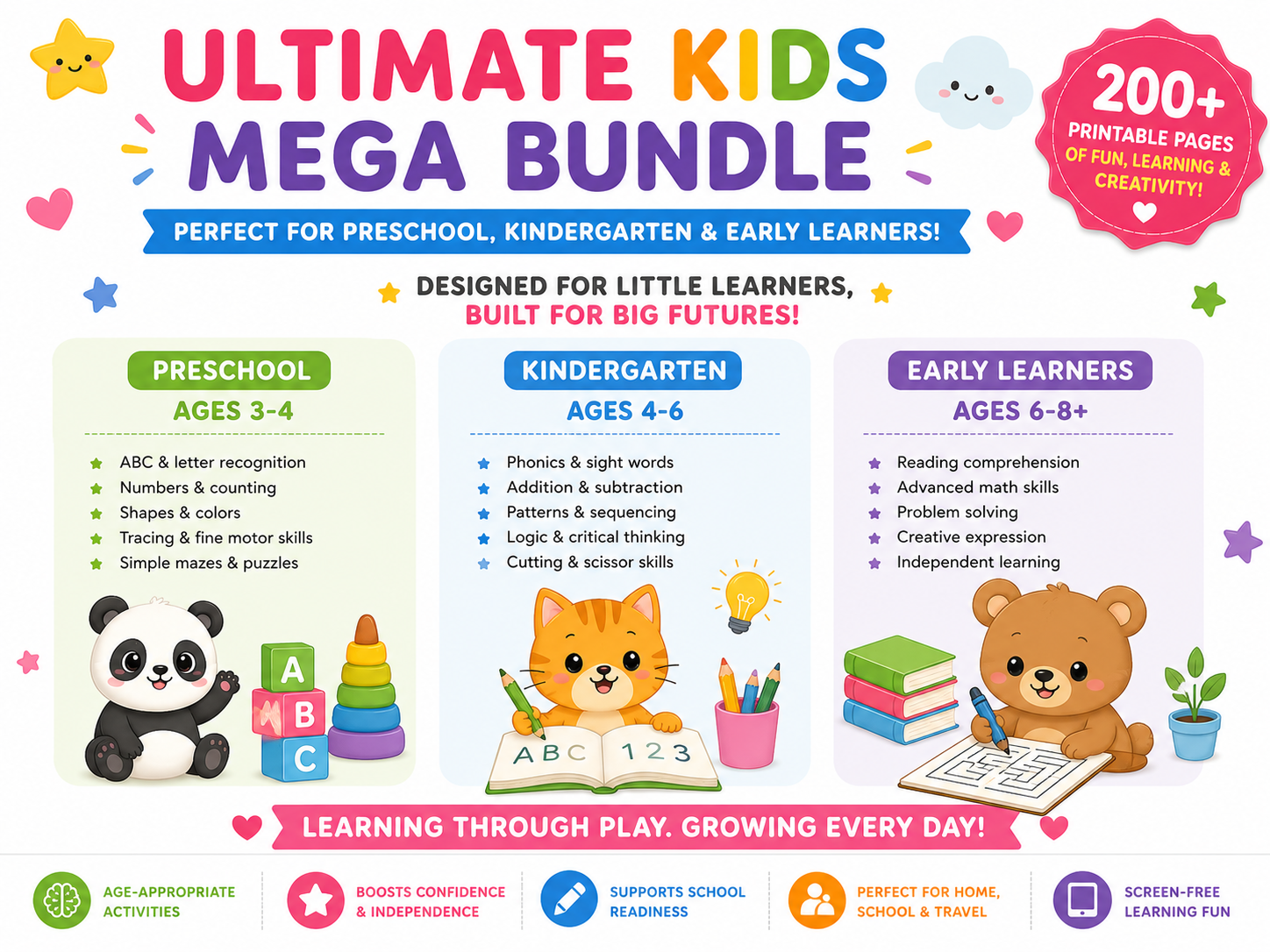 Ultimate Kids Mega Bundle | 200+ Printable Activities for Kids | Coloring Pages, Worksheets, Tracing, Mazes, Busy Book, Preschool Learning Pack | Instant Download PDF