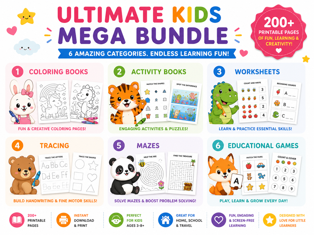 Ultimate Kids Mega Bundle | 200+ Printable Activities for Kids | Coloring Pages, Worksheets, Tracing, Mazes, Busy Book, Preschool Learning Pack | Instant Download PDF