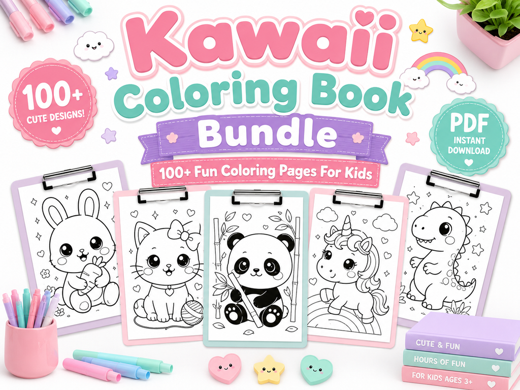 Kawaii Coloring Book Bundle for KidsKawaii Coloring Book Bundle for Kids | 100+ Cute Animal & Food Coloring Pages | Printable PDF Activity Book | Instant Download | Preschool Coloring Sheets