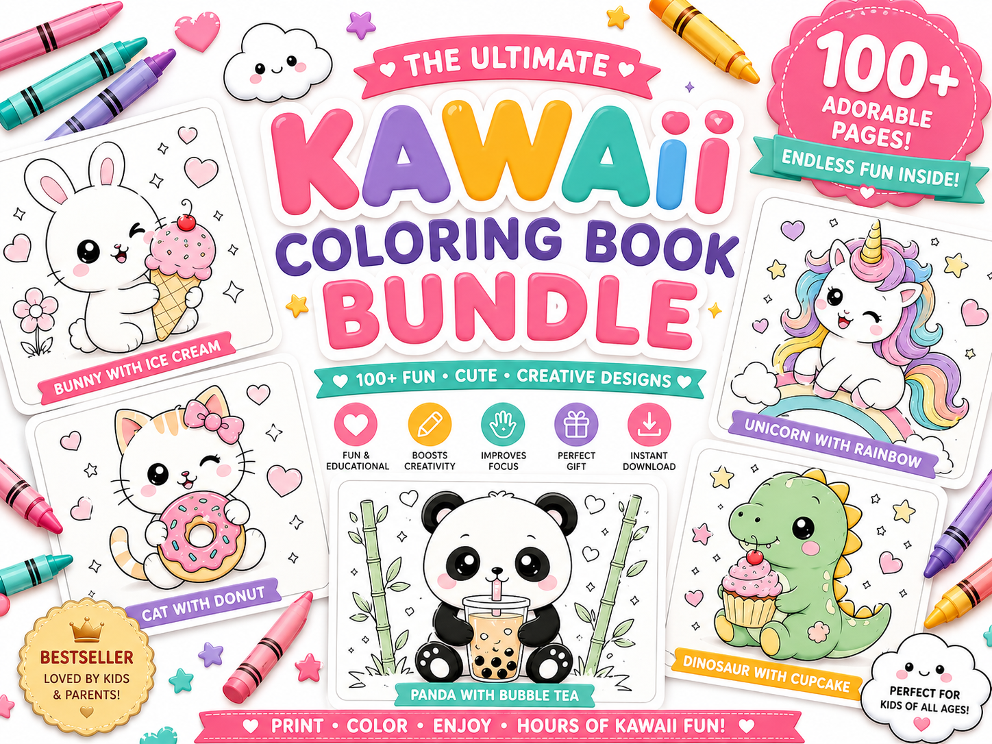 Kawaii Coloring Book Bundle for KidsKawaii Coloring Book Bundle for Kids | 100+ Cute Animal & Food Coloring Pages | Printable PDF Activity Book | Instant Download | Preschool Coloring Sheets