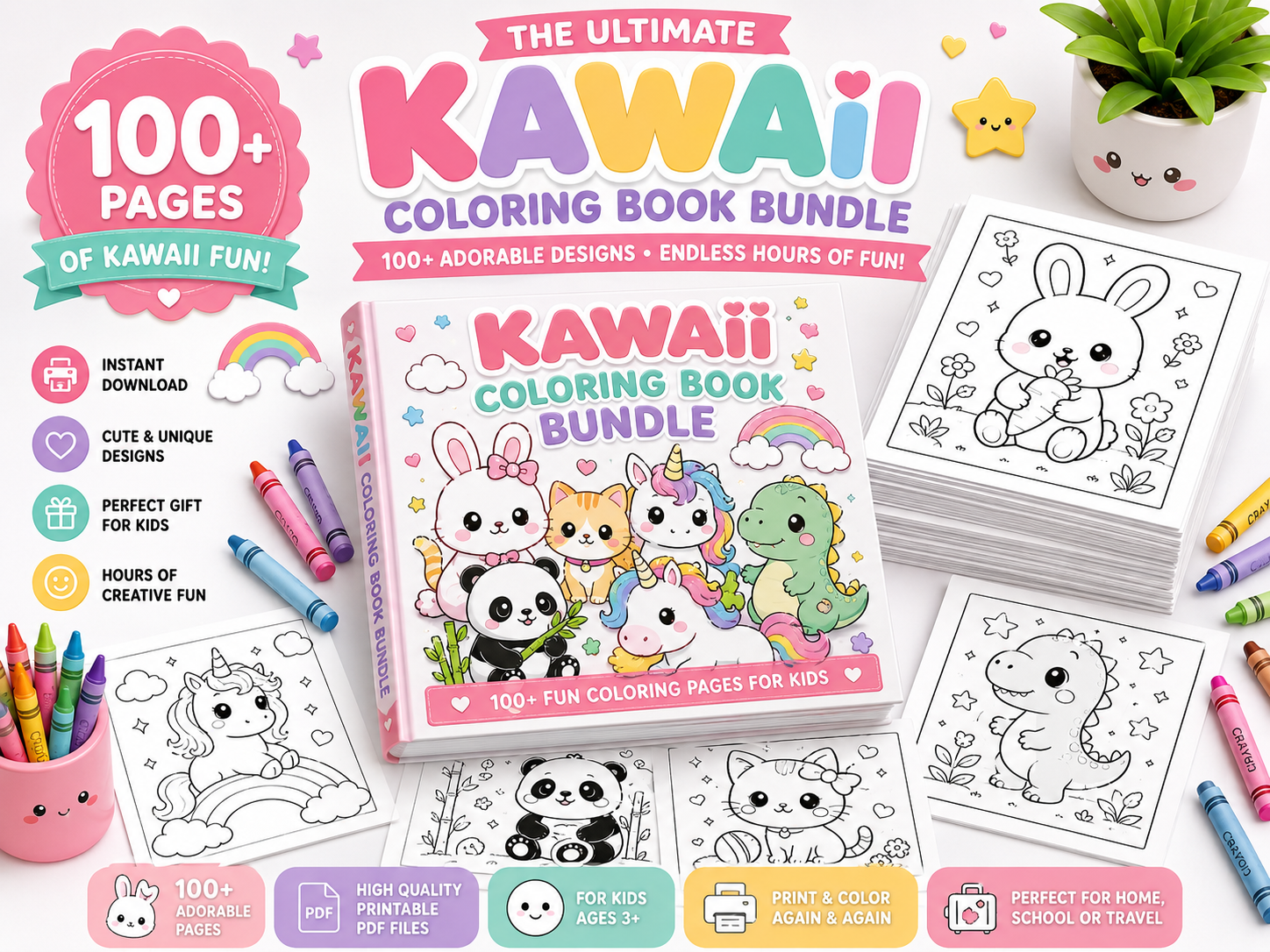 Kawaii Coloring Book Bundle for KidsKawaii Coloring Book Bundle for Kids | 100+ Cute Animal & Food Coloring Pages | Printable PDF Activity Book | Instant Download | Preschool Coloring Sheets