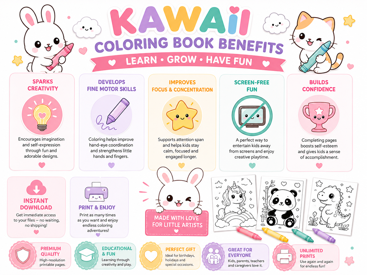 Kawaii Coloring Book Bundle for KidsKawaii Coloring Book Bundle for Kids | 100+ Cute Animal & Food Coloring Pages | Printable PDF Activity Book | Instant Download | Preschool Coloring Sheets