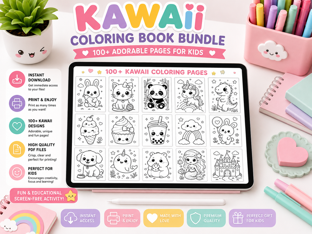 Kawaii Coloring Book Bundle for KidsKawaii Coloring Book Bundle for Kids | 100+ Cute Animal & Food Coloring Pages | Printable PDF Activity Book | Instant Download | Preschool Coloring Sheets
