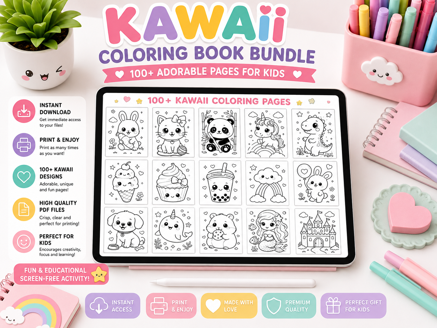 Kawaii Coloring Book Bundle for KidsKawaii Coloring Book Bundle for Kids | 100+ Cute Animal & Food Coloring Pages | Printable PDF Activity Book | Instant Download | Preschool Coloring Sheets