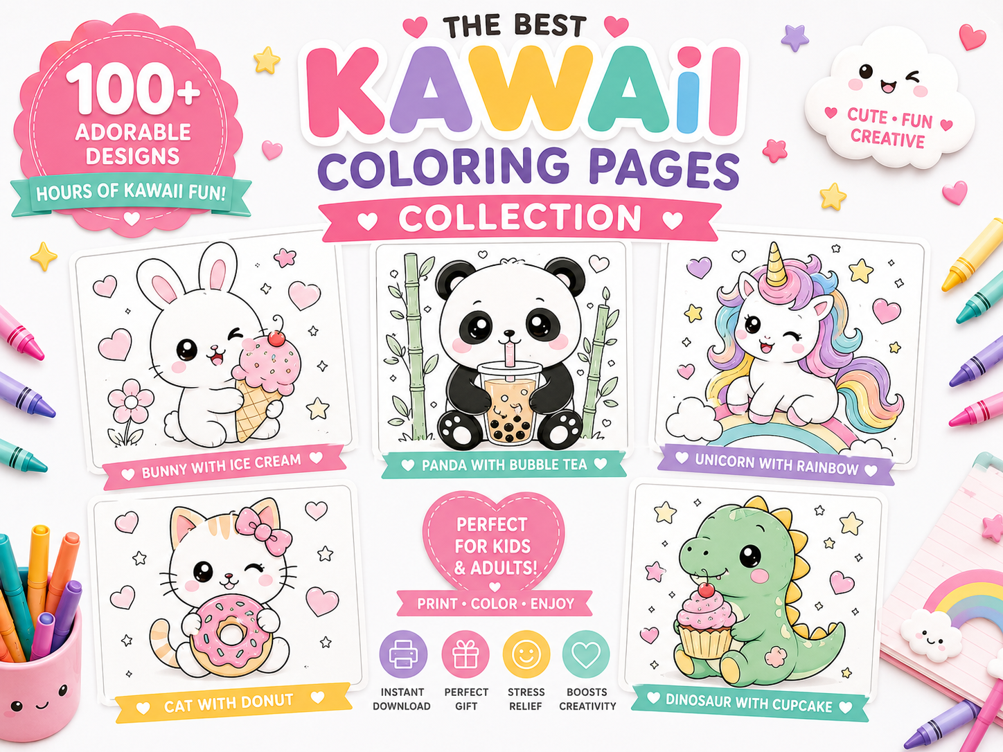 Kawaii Coloring Book Bundle for KidsKawaii Coloring Book Bundle for Kids | 100+ Cute Animal & Food Coloring Pages | Printable PDF Activity Book | Instant Download | Preschool Coloring Sheets
