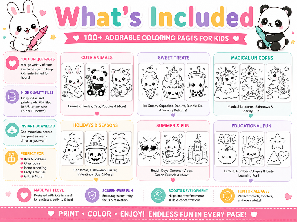 Kawaii Coloring Book Bundle for KidsKawaii Coloring Book Bundle for Kids | 100+ Cute Animal & Food Coloring Pages | Printable PDF Activity Book | Instant Download | Preschool Coloring Sheets