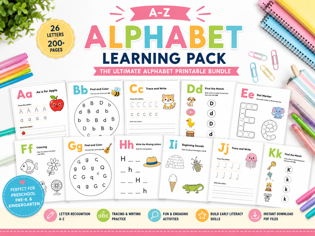 Alphabet Learning Pack – 50 Printable Alphabet Worksheets for Preschool & Kindergarten | Letter Tracing, Phonics, Beginning Sounds, A-Z Learning Activities