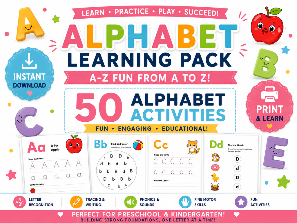 Alphabet Learning Pack – 50 Printable Alphabet Worksheets for Preschool & Kindergarten | Letter Tracing, Phonics, Beginning Sounds, A-Z Learning Activities