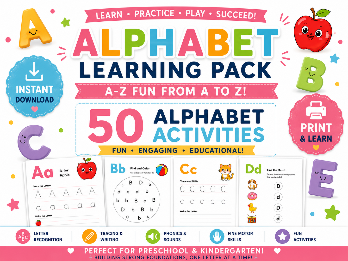Alphabet Learning Pack – 50 Printable Alphabet Worksheets for Preschool & Kindergarten | Letter Tracing, Phonics, Beginning Sounds, A-Z Learning Activities