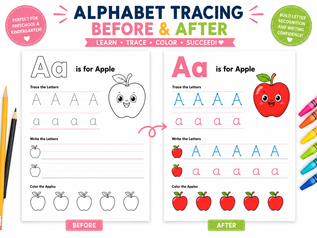 Alphabet Learning Pack – 50 Printable Alphabet Worksheets for Preschool & Kindergarten | Letter Tracing, Phonics, Beginning Sounds, A-Z Learning Activities