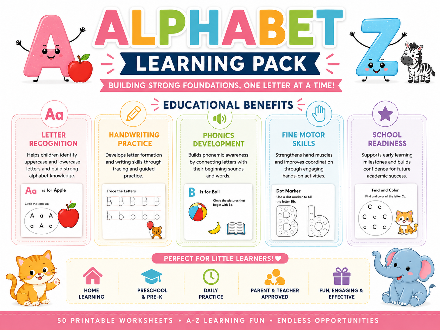 Alphabet Learning Pack – 50 Printable Alphabet Worksheets for Preschool & Kindergarten | Letter Tracing, Phonics, Beginning Sounds, A-Z Learning Activities