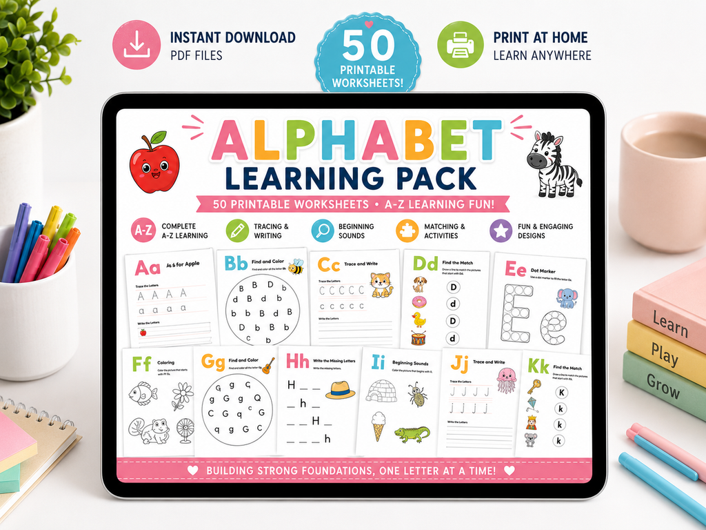 Alphabet Learning Pack – 50 Printable Alphabet Worksheets for Preschool & Kindergarten | Letter Tracing, Phonics, Beginning Sounds, A-Z Learning Activities
