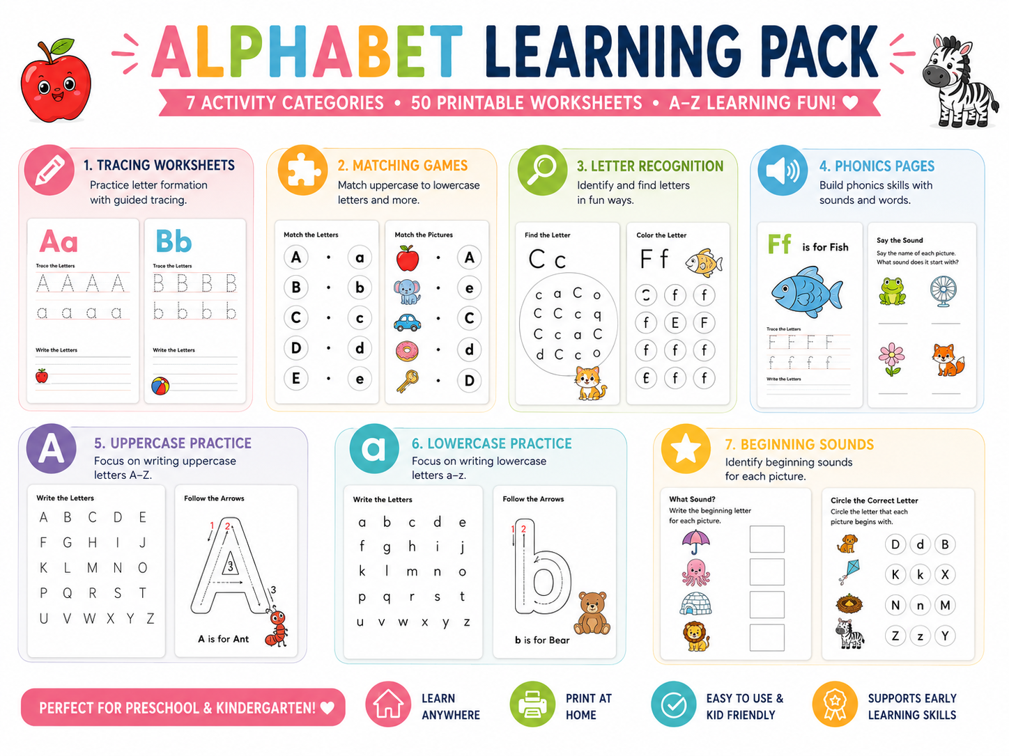 Alphabet Learning Pack – 50 Printable Alphabet Worksheets for Preschool & Kindergarten | Letter Tracing, Phonics, Beginning Sounds, A-Z Learning Activities