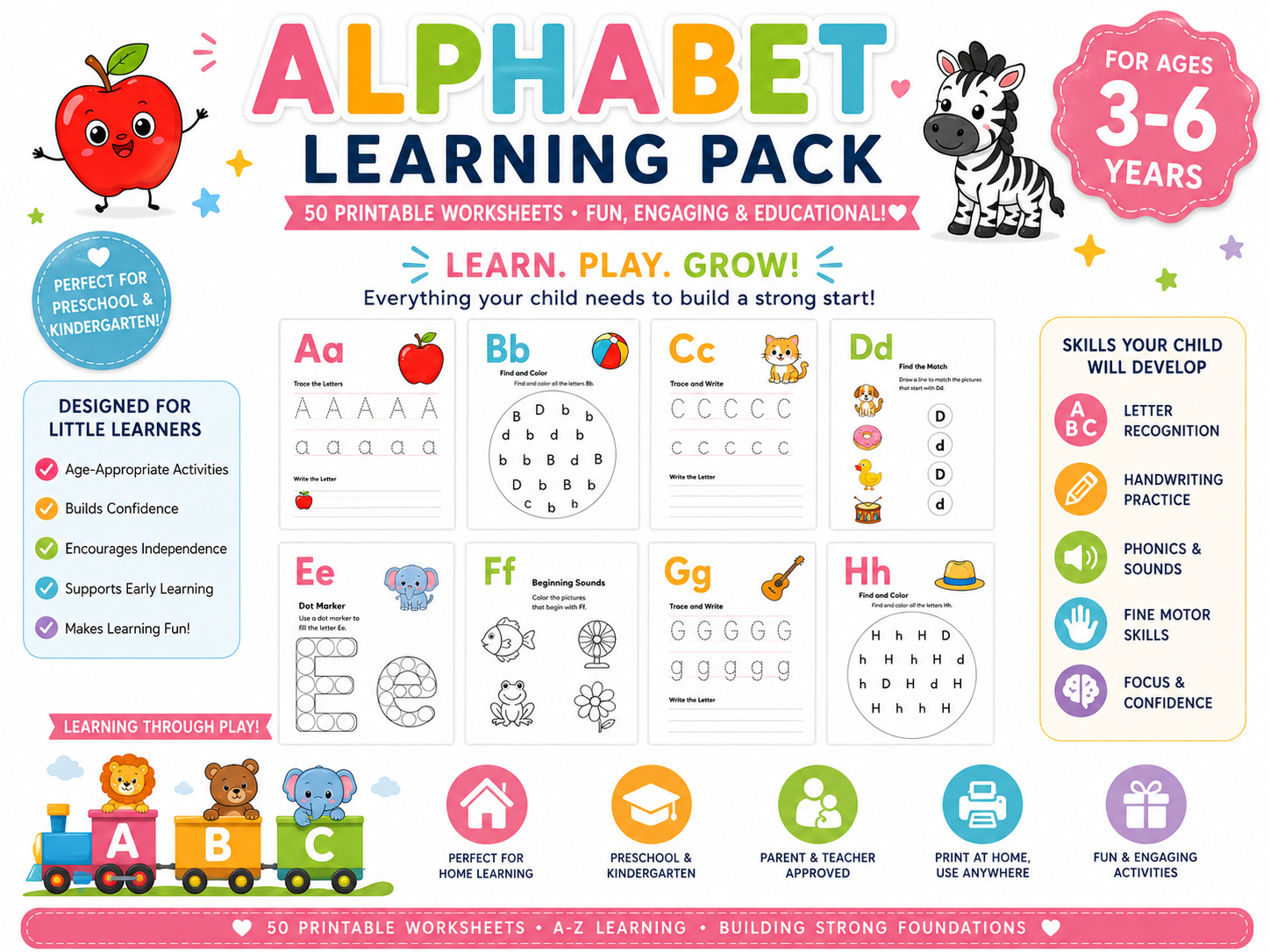 Alphabet Learning Pack – 50 Printable Alphabet Worksheets for Preschool & Kindergarten | Letter Tracing, Phonics, Beginning Sounds, A-Z Learning Activities