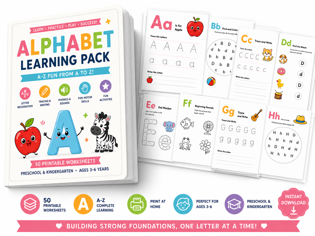 Alphabet Learning Pack – 50 Printable Alphabet Worksheets for Preschool & Kindergarten | Letter Tracing, Phonics, Beginning Sounds, A-Z Learning Activities