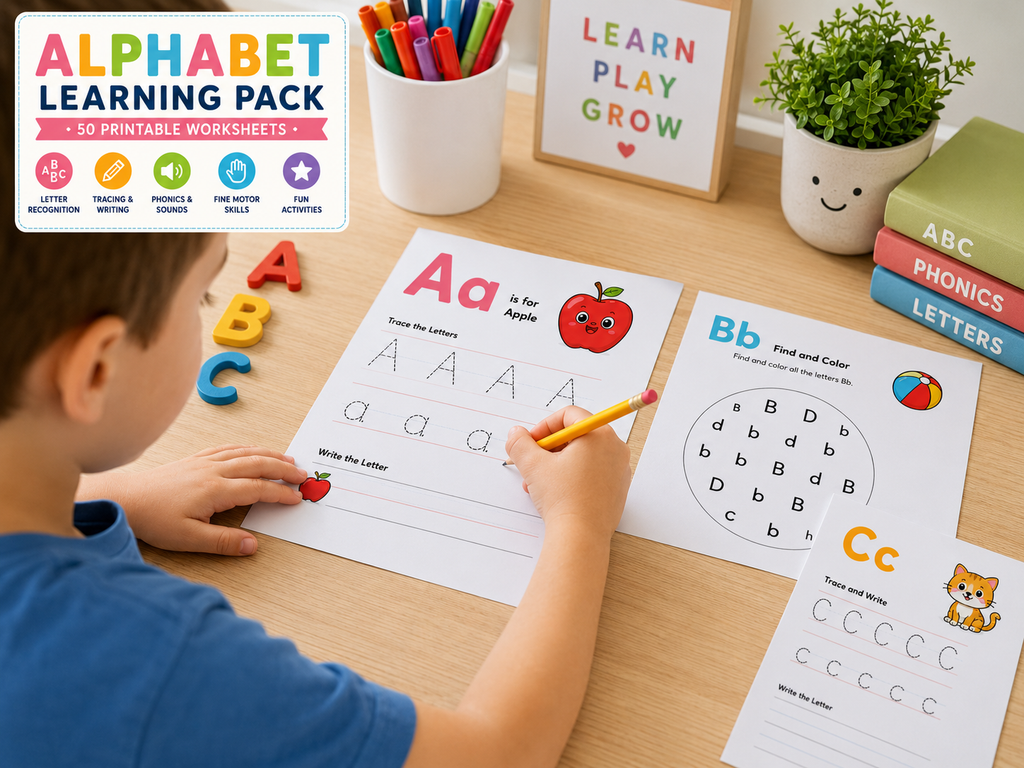 Alphabet Learning Pack – 50 Printable Alphabet Worksheets for Preschool & Kindergarten | Letter Tracing, Phonics, Beginning Sounds, A-Z Learning Activities